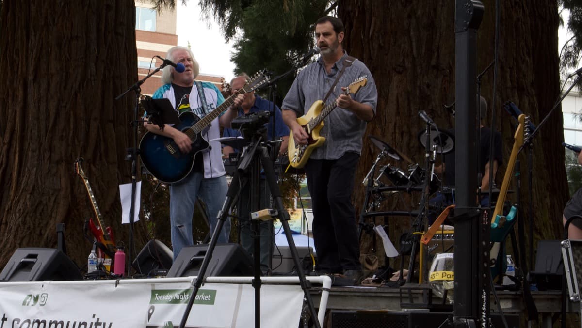 Mark Watson performing with 45th Parallel